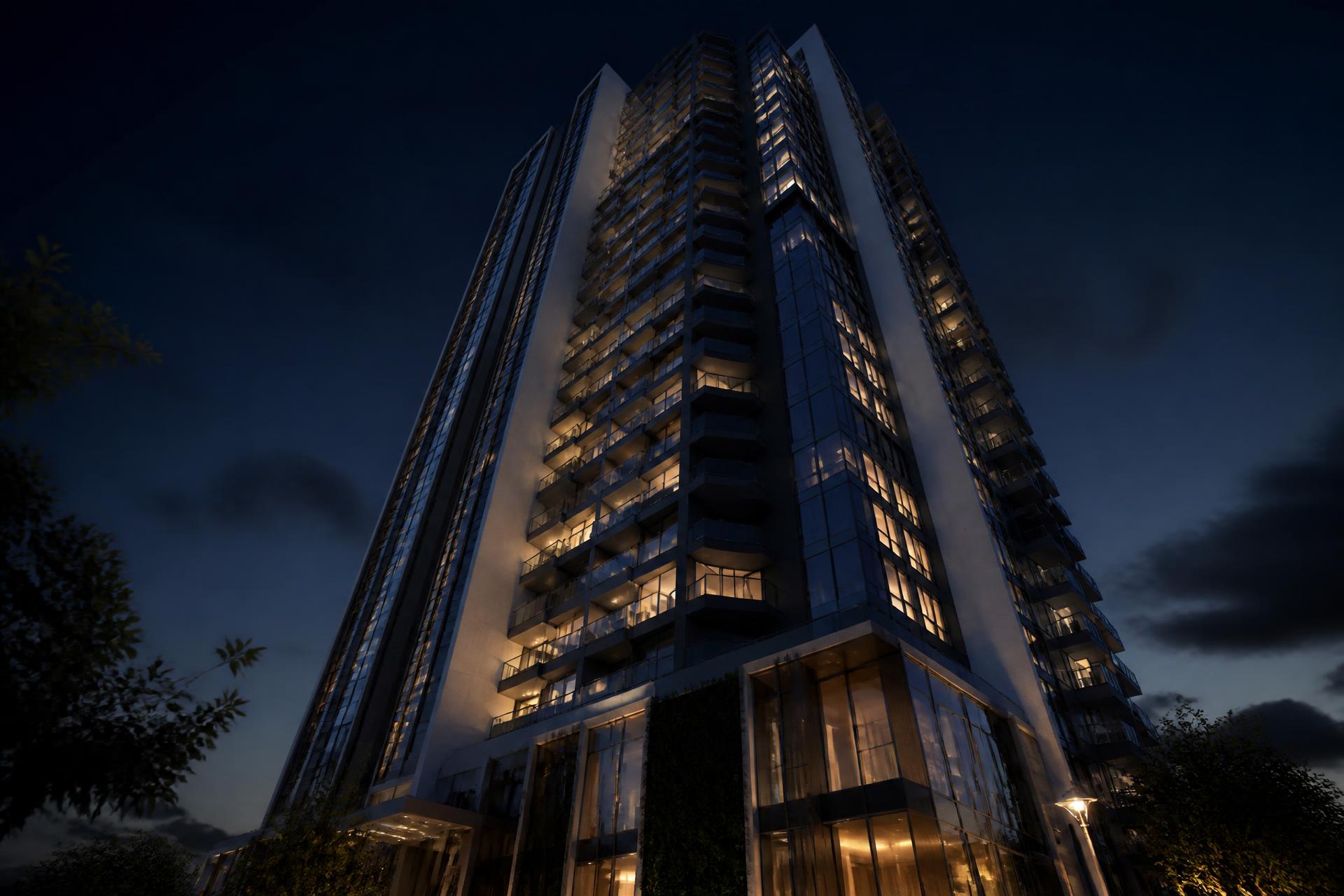 Torre residencial contemporánea desarrollada por GREALX al atardecer